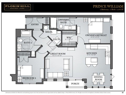 Floor plan for 2 beds, 2 baths, 1136 sqft